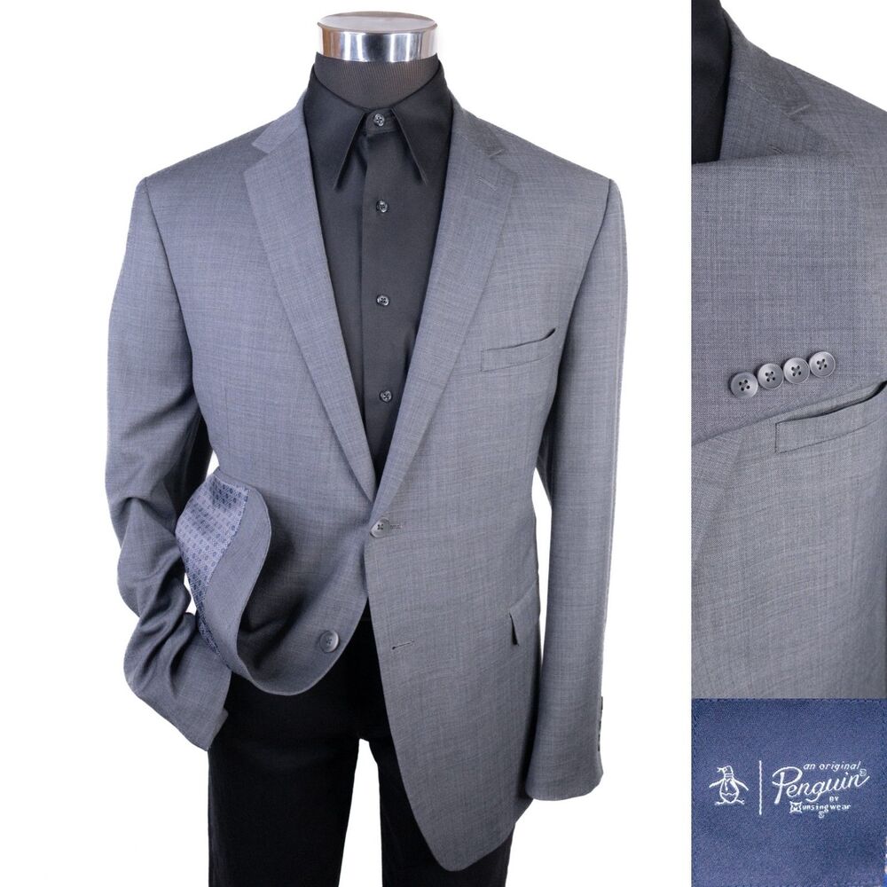 Penguin Mens Blazer Sport Coat Suit Jacket Size 46R Slim 2 Button Wool Solid EUC
